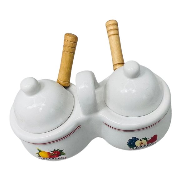 Vintage Smuckers Double Sided Jam/Jelly/Condiment Jar With Spoons & Lids EUC - Picture 5 of 10